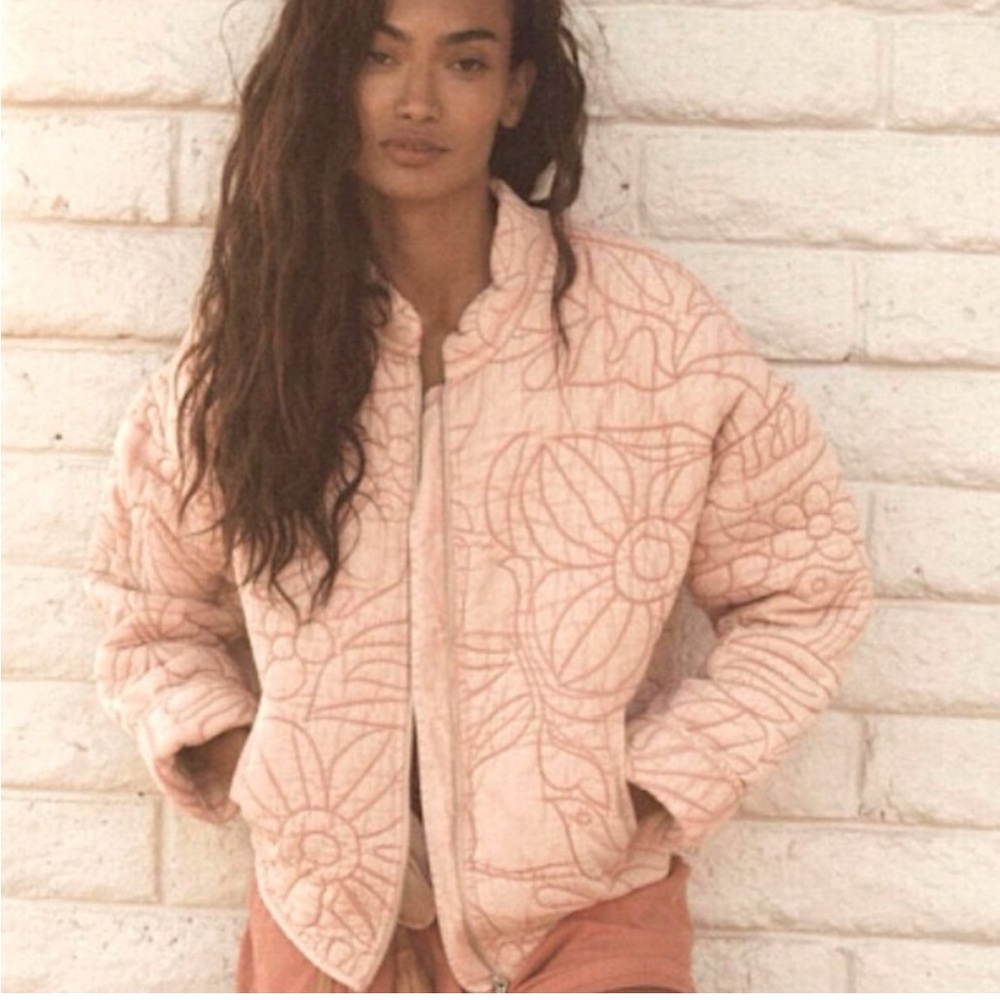 by Anthropologie Pink Floral Quilted Bomber Jacket - Size M